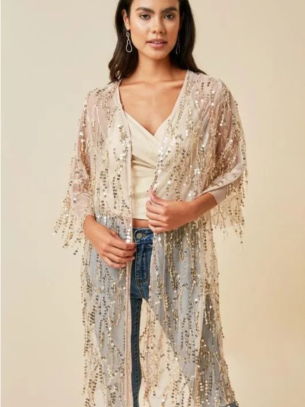 Beaded Fringe Open-Front Kimono Jacket - Champagne